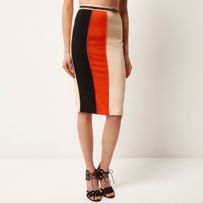 Red colour block pencil skirt